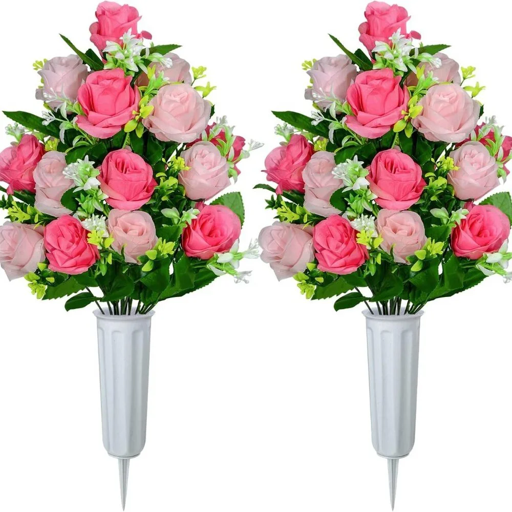 2 Cemetery‎ Flower Vases with Pink and White Silk Roses Beautiful
